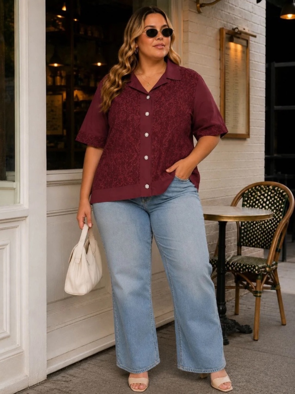 "La Diosa" Plus Size Short Sleeve Button Up Floral Lace Detailed Blouse